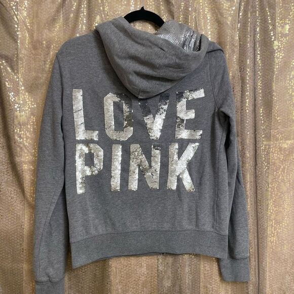 PINK Y2K Victorias Secret Gray Silver Sequin Bling Zip Sweater Medium - Picture 1 of 7